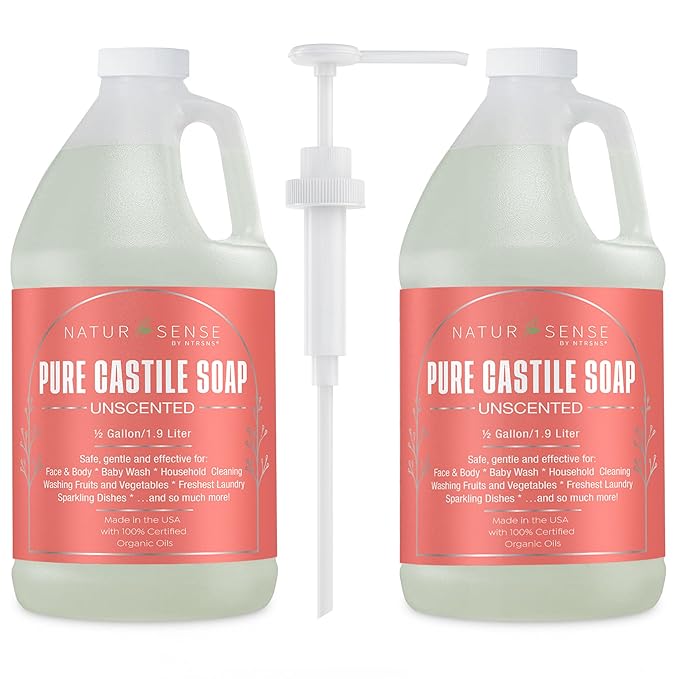 NaturSense Pure Castile Soap - 100% Organic Oils, Gentle Baby & Household Cleaner, Unscented, 64oz x2